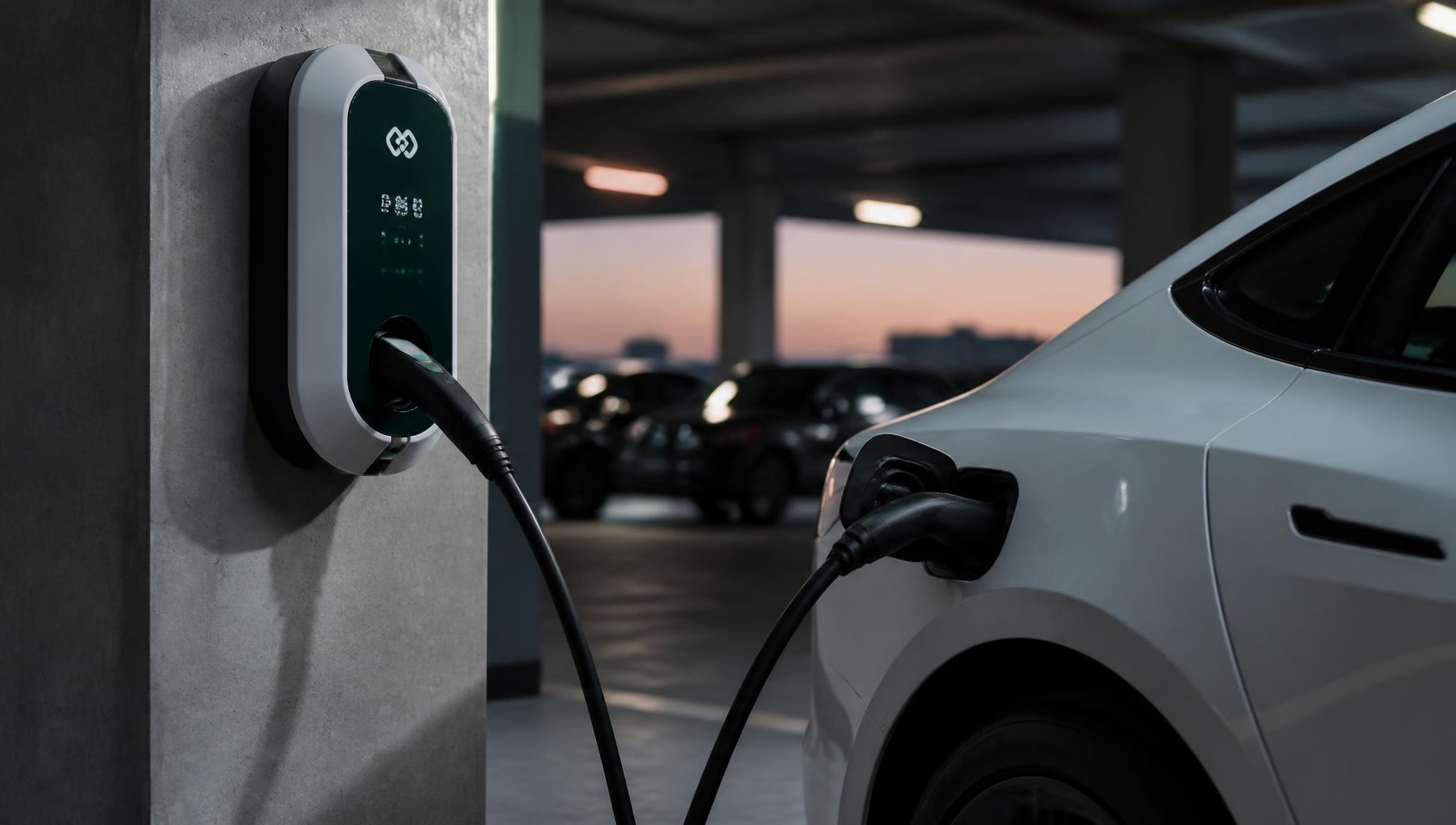 Carregador Elbratec instalado em estacionamento com veículo elétrico conectado
